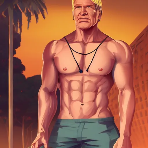 Prompt: portrait of the immensely towering bodybuilder Harrison Ford with beautiful long pale blond hair, posing for a photoshoot in the golden hour, black tank top, broad shoulders and huge thick arms, ambient lighting, 4k, anime key visual, lois van baarle, ilya kuvshinov, rossdraws, artstation