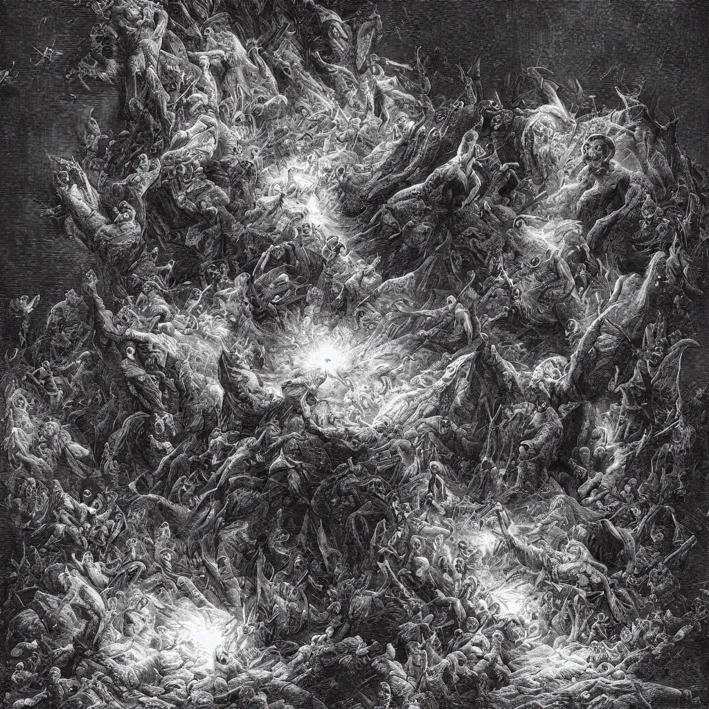 Image similar to Trump in the universe.highly realistic, hyper detailed,4k,by gustav doré