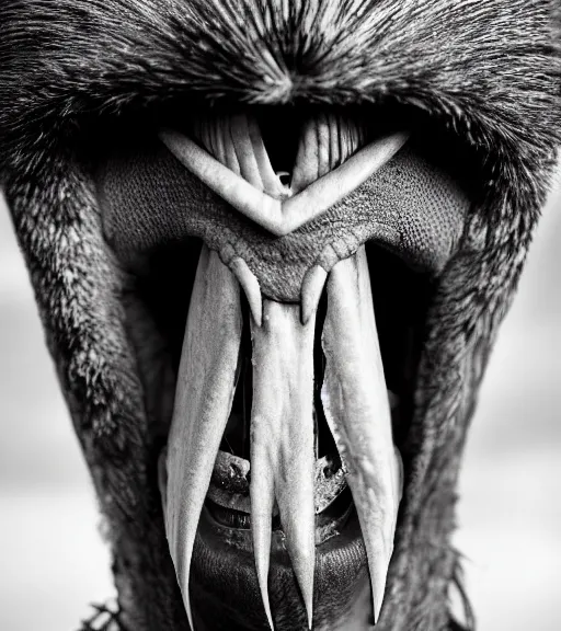 Prompt: Award winning Editorial up-angled photograph of Early-medieval Scandinavian Folk ostrich Baring its teeth with incredible hair and fierce hyper-detailed eyes and a very huge large forked tongue poking out by Lee Jeffries and David Bailey, 85mm ND 4, perfect lighting, a heart-shaped birthmark on the forehead, dramatic highlights, wearing traditional garb, With very very huge sharp jagged Tusks and sharp horns