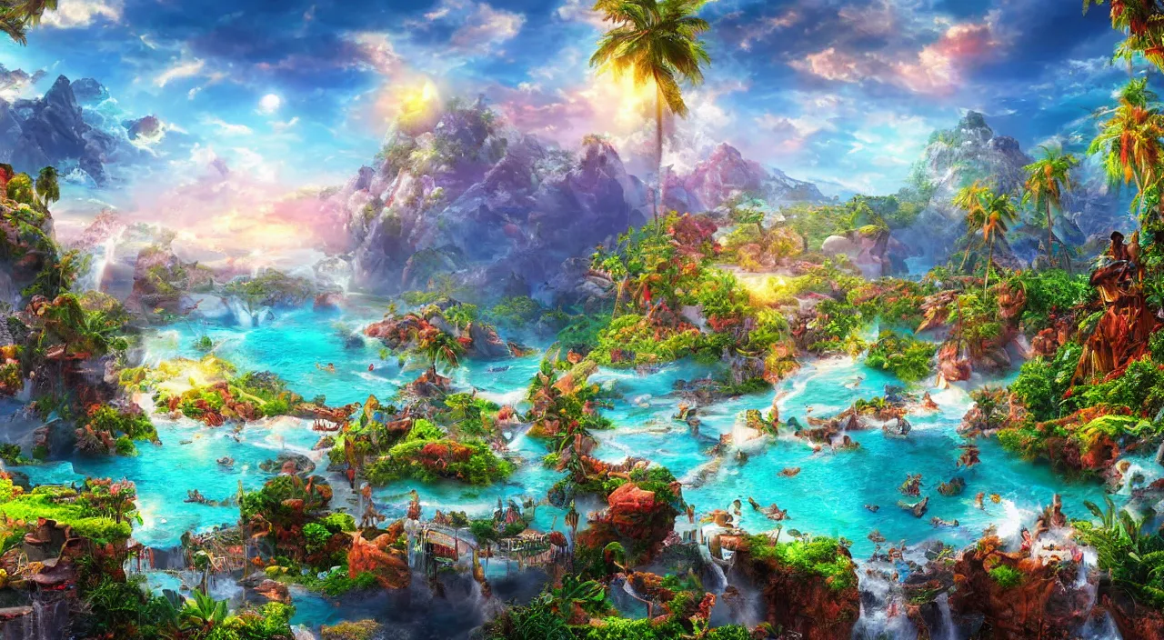 Image similar to epic paradise landscape, high definition, high detail, 8k, photorealistic,