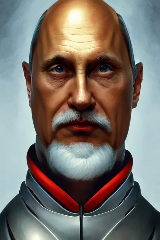 Image similar to vladimir putin as a stupid robotnik dr eggman, realistic portrait, symmetrical, highly detailed, digital painting, artstation, concept art, smooth, sharp focus, illustration, cinematic lighting, art by artgerm and greg rutkowski and alphonse mucha