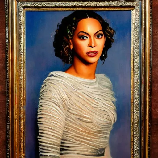 Prompt: Beyonce at a birthday party, head and shoulders portrait, extremely detailed masterpiece, Roger Deakin’s cinematography, oil on canvas, Norman Rockwell.