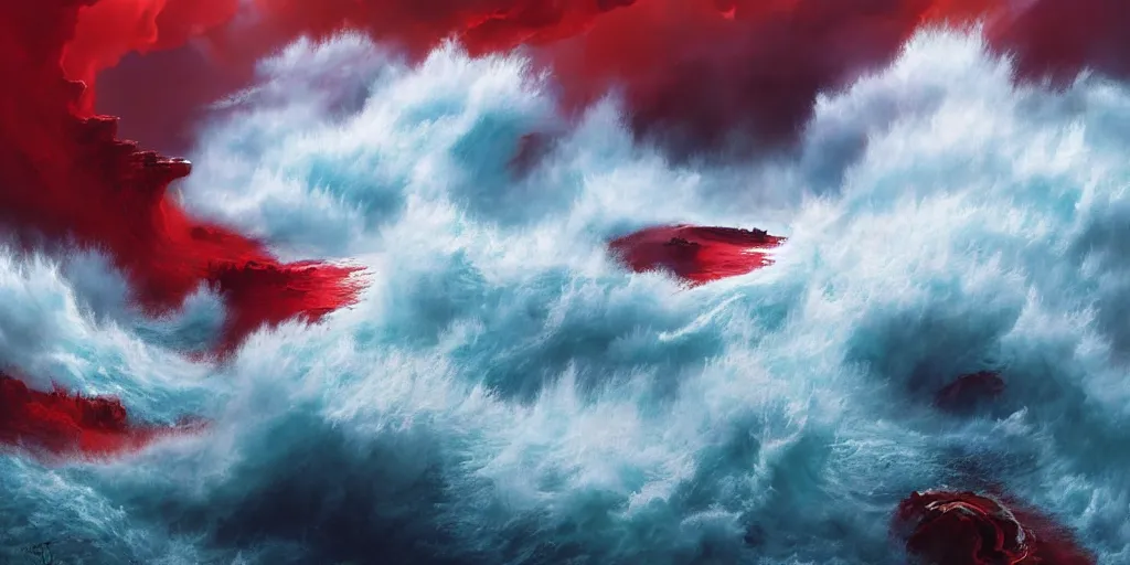 Prompt: a churning, boiling red sea with lots of smoky black and red steam, extremely detailed oil painting, unreal 5 render, rhads, Bruce Pennington, Studio Ghibli, tim hildebrandt, digital art, octane render, beautiful composition, trending on artstation, award-winning photograph, masterpiece