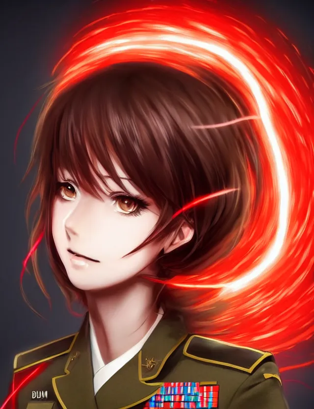 Image similar to a detailed manga portrait of a beautiful brown haired woman in a military uniform glowing with swirling red energy, trending on artstation, digital art, 4 k resolution, detailed, high quality, sharp focus, hq artwork, coherent, insane detail, character portrait