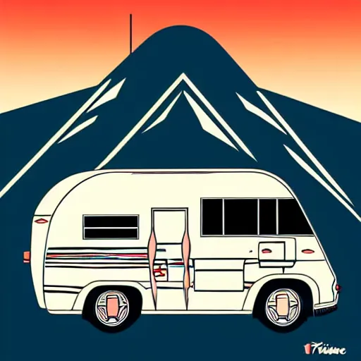 Image similar to stylized line art graphic of a white and black cute thor chateau! motorhome camper!!, mountains, colorful sunset!!, line art by tom whalen