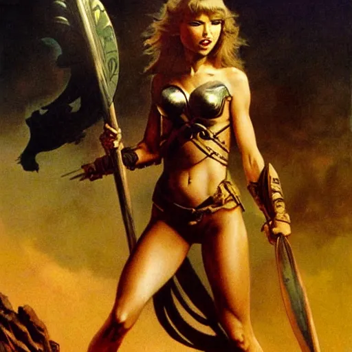 Prompt: taylor swift as a warrior maiden by frank frazetta and wlop and glen rutkowski