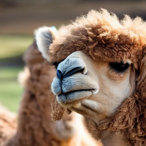Prompt: a fluffy camel alpaca chimera looking at the camera like the office. Detailed. 85mm lens