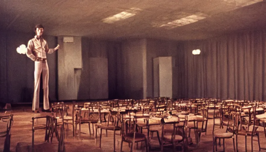 Image similar to 70s movie still of a man with very very long arms in a soviet ballroom, eastmancolor, heavy grain, high quality, higly detailed, liminal space