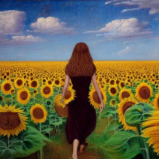 Image similar to a girl slowly walking through amazing tall sunflower field, her hair flowing down, subtle, intricate details, real masterpiece, oil on canvas, by leonardo da vinci, vitalik buterin