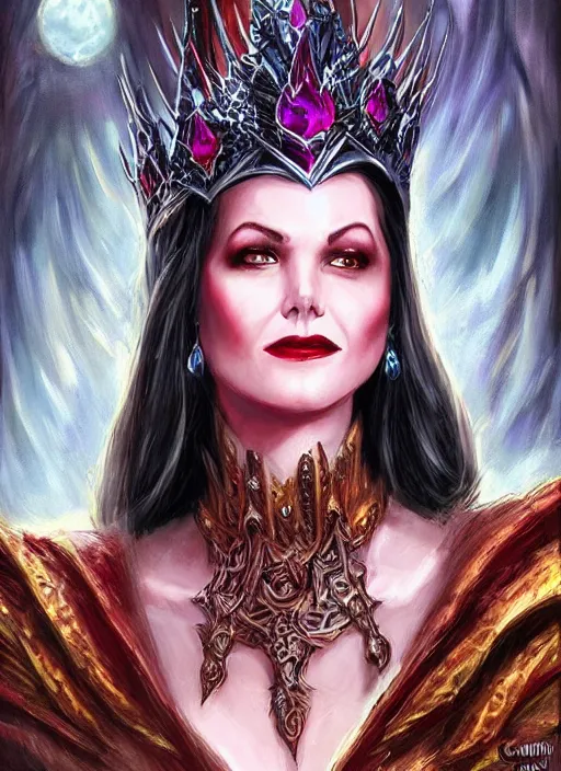 Image similar to evil queen beautiful wearing a crown, ultra detailed fantasy, dndbeyond, bright, colourful, realistic, dnd character portrait, full body, pathfinder, pinterest, art by ralph horsley, dnd, rpg, lotr game design fanart by concept art, behance hd, artstation, deviantart, hdr render in unreal engine 5