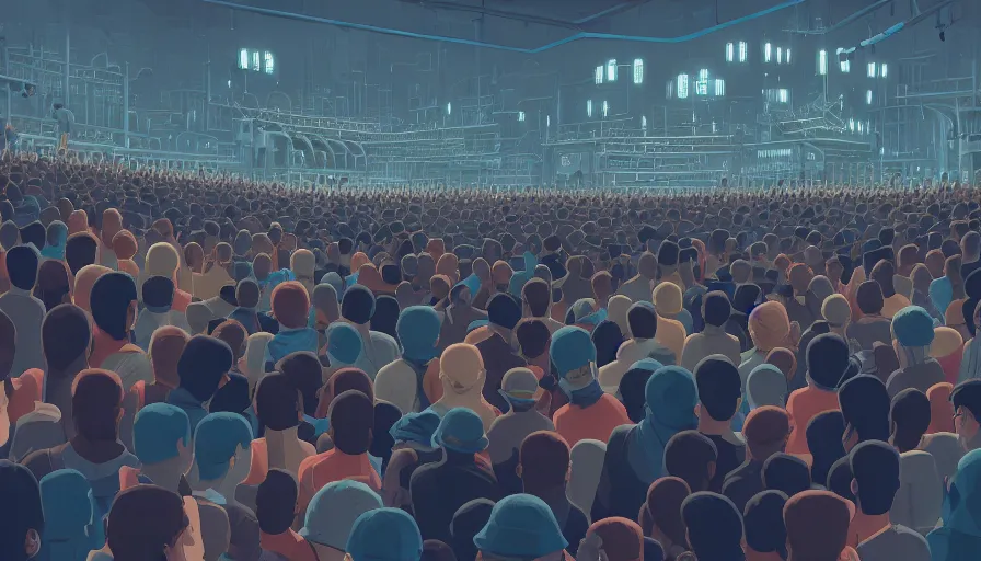 Prompt: a beautiful highly detailed matte painting close up of a crowd watching a boxing match with robots in a factory, punk styling by atay ghailan, cliff chiang, loish and goro fujita, silver, silver, brown, black, blue and cyan mystical tones, featured on artstation, featured on behance, grunge aesthetic