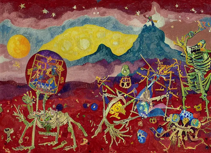 Image similar to pixel decollage painting tarot lovers card composition tower of babel road red armor maggot bear and wonky alien frog skeleton knight on a horse in a dark red cloudy night sky with golden foil jewish stars and diamonds, mountain lake and blossoming field in background, painted by Mark Rothko, Helen Frankenthaler, Danny Fox and Hilma af Klint, pixelated, neo expressionism, semi naive, pastel colors, cinematic, color field painting, cave painting, voxel, pop art look, outsider art, minimalistic. Bill Traylor painting, part by Philip Guston, Amano and Francis Bacon. art by Adrian Ghenie and Storm Thorgerson, very coherent symmetrical artwork, cinematic, hyper realism, high detail, octane render, unreal engine, Smooth gradients, depth of field, full body character drawing, extremely detailed, 8k, extreme detail, intricate detail, masterpiece