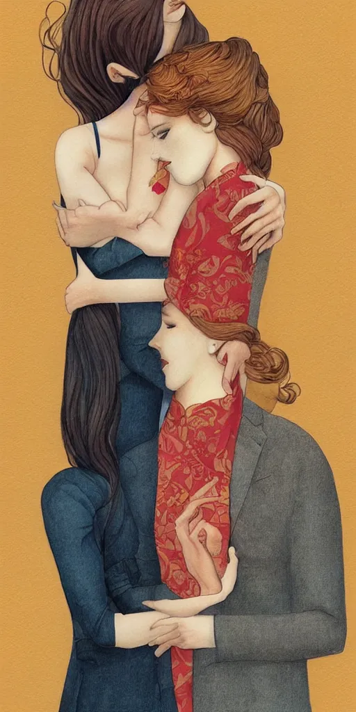 Image similar to greeting card, love, 2 people, by tran nguyen, warm colors, cozy