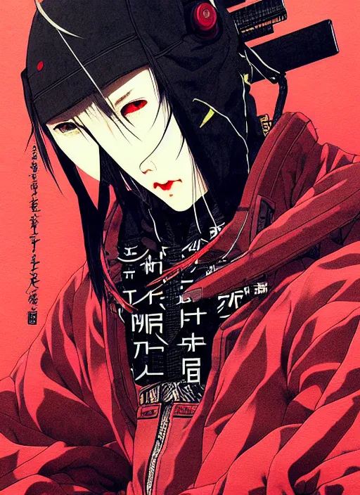 Image similar to a beautiful ukiyo painting of cyberpunk ninja, wearing cyberpunk streetwear, detailed close up portrait, concept art, by takato yamamoto, wlop, krenz cushart. cinematic dramatic atmosphere, sharp focus