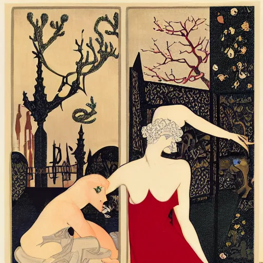 Image similar to rich by george barbier, by alex horley, by marius borgeaud kokedama. in the center of the mixed mediart is a large gateway that seems to lead into abyss of darkness. on either side of the gateway are two figures, one a demon - like creature, the other a skeletal figure.