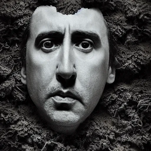 Prompt: Award-winning photograph by Chema Madoz. The photo depicts a decaying roman bust of Nicolas Cage overgrown with moss at the bottom of the sea. Minimalism, high definition, perfect composition. Deep sea picture. Very dark. Volumetric Lighting. Fish. Darkness. Ruins