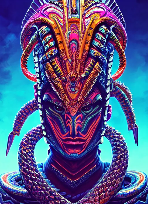 Image similar to hyper detailed ultra sharp aztec serpent warrior trance man. trending on artstation, warpaint aesthetic, earthwave, colorful, neon, ornate, intricate, digital painting, concept art, smooth, sharp focus, illustration, art by artgerm and greg rutkowski and h. r. giger, 8 k