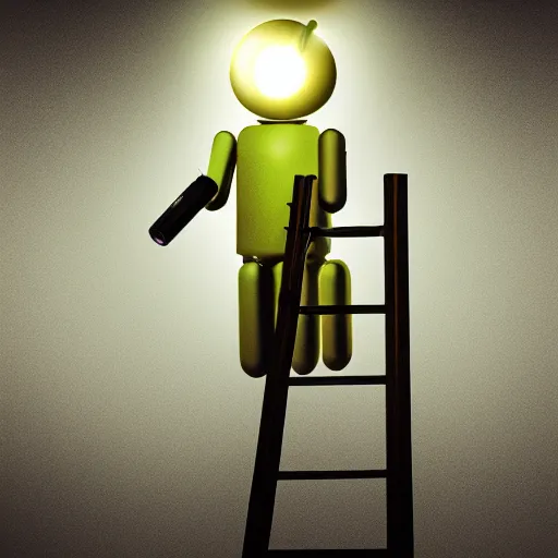 Image similar to a glowing android, standing on a ladder, replacing a defective lightbulb. dark room.