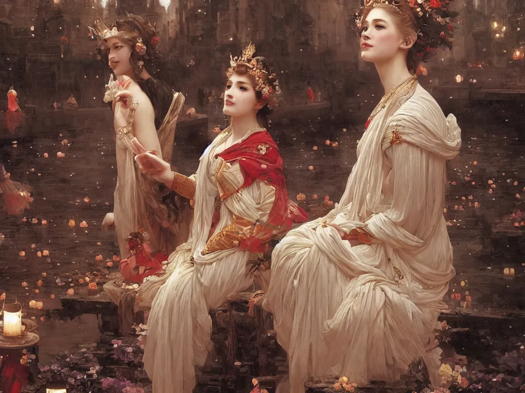 Image similar to a beautiful painting of a crowned princess in a flowing gown watching the lantern festival in ancient london, at night with a sky full of stars, intricate, elegant, highly detailed, digital painting, artstation, concept art, by krenz cushart and artem demura and william adolph bouguereau and alphonse mucha