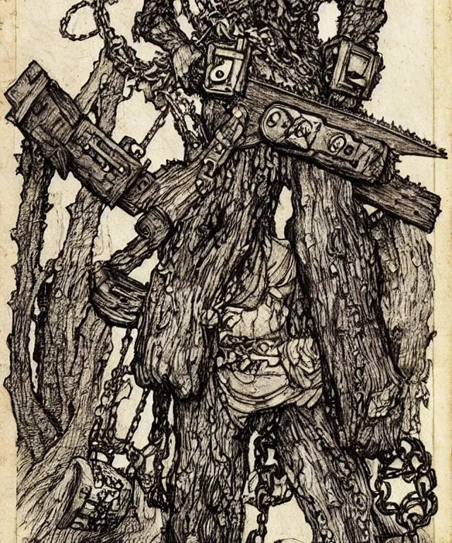 Prompt: Large chainsawheaded man-semichainsaw with chainsaws instead of hands dressed in chainsaws. Extremely high detailed, fine details, realistic, solo, masterpiece, art by Tatsuki Fujimoto, Arthur Rackham