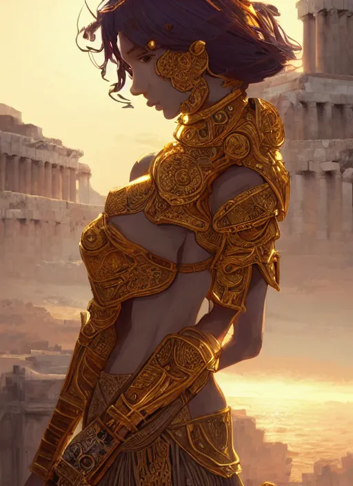 Image similar to portrait knights of zodiac girl, golden and copper shining armor, in ruined agora of athens sunrise, ssci - fi and fantasy, intricate and very very beautiful and elegant, highly detailed, digital painting, artstation, concept art, smooth and sharp focus, illustration, art by wlop and ilya kuvshinov and z - - ed and tian zi