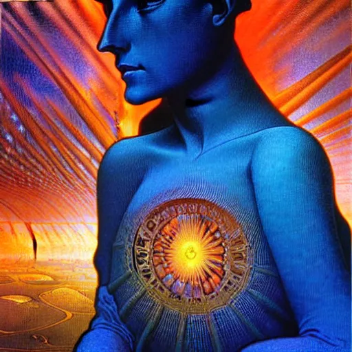 Prompt: realistic extremely detailed portrait painting of a glowing silhouette, futuristic sci-fi landscape on background by Jean Delville, Amano, Yves Tanguy, Alphonse Mucha, Ernst Haeckel, Edward Robert Hughes, Roger Dean, rich moody colours, blue eyes