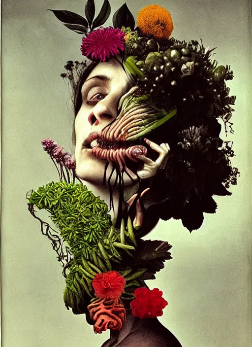 Prompt: beautiful rotten woman morphing into plants and many different types of beautiful flowers, muscles, organs, surreal, miguel angel, gustave courbet, caravaggio, romero ressendi, gunther von hagens