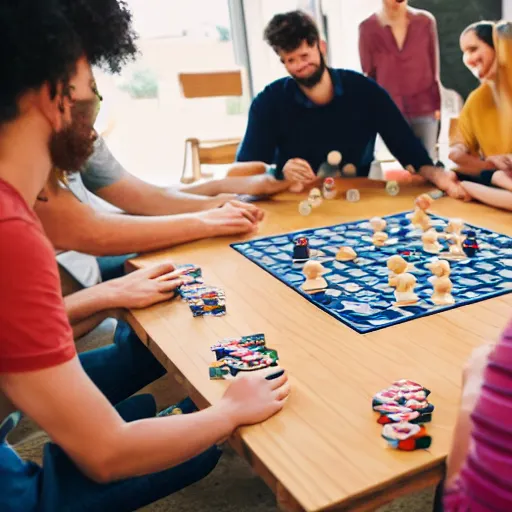 Prompt: photo of a dozen people sitting around a wooden rectangular table playing a board game