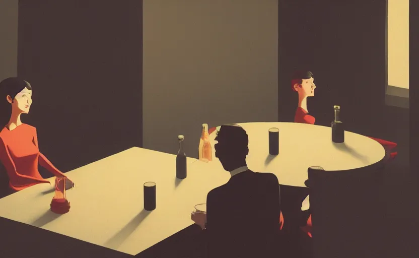 Image similar to an emotional mysterious dimly lit dinner scene illustration by atey ghailan and escher and edward hopper, japanese surreal