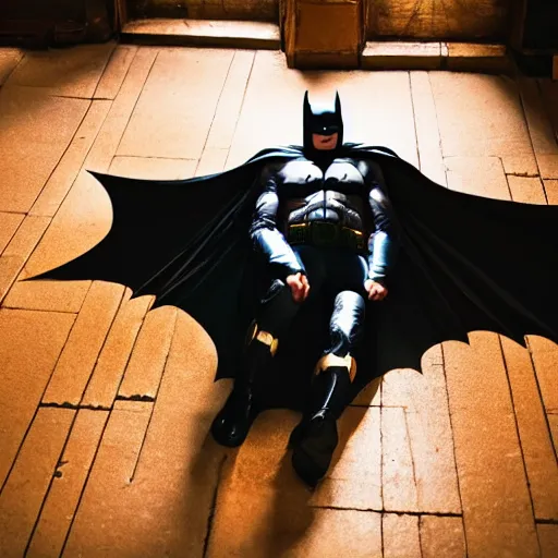 Prompt: batman lying on the floor in a pub, 8 k photography, golden hour