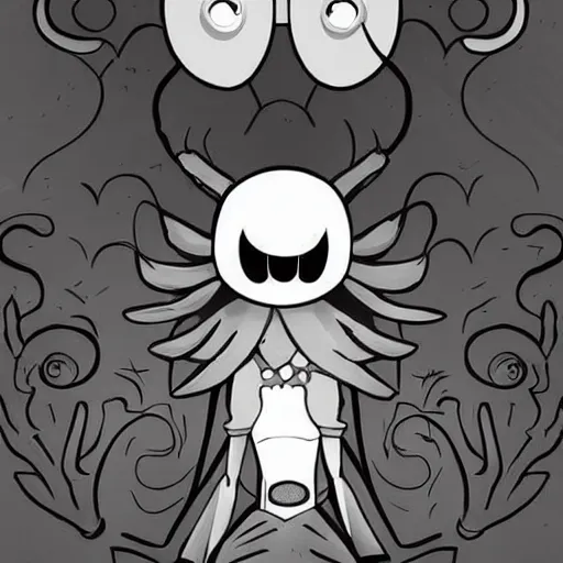 Prompt: girl Hollow Knight poster, very clean art, clean thick black lineart, Hollow Knight art style, beautiful mysterious feel