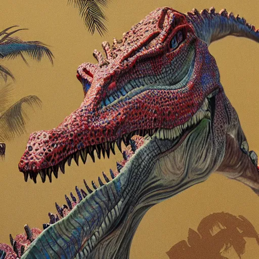 Image similar to dinosaur, detailed 1 9 2 0 ’ s colored pencil, highly detailed, highly accurate, deep aesthetic, 8 k, highly ornate intricate details, cinematic lighting, rich colors, ray tracing, hyperrealistic, photorealistic, cinematic landscape, trending on artstation,