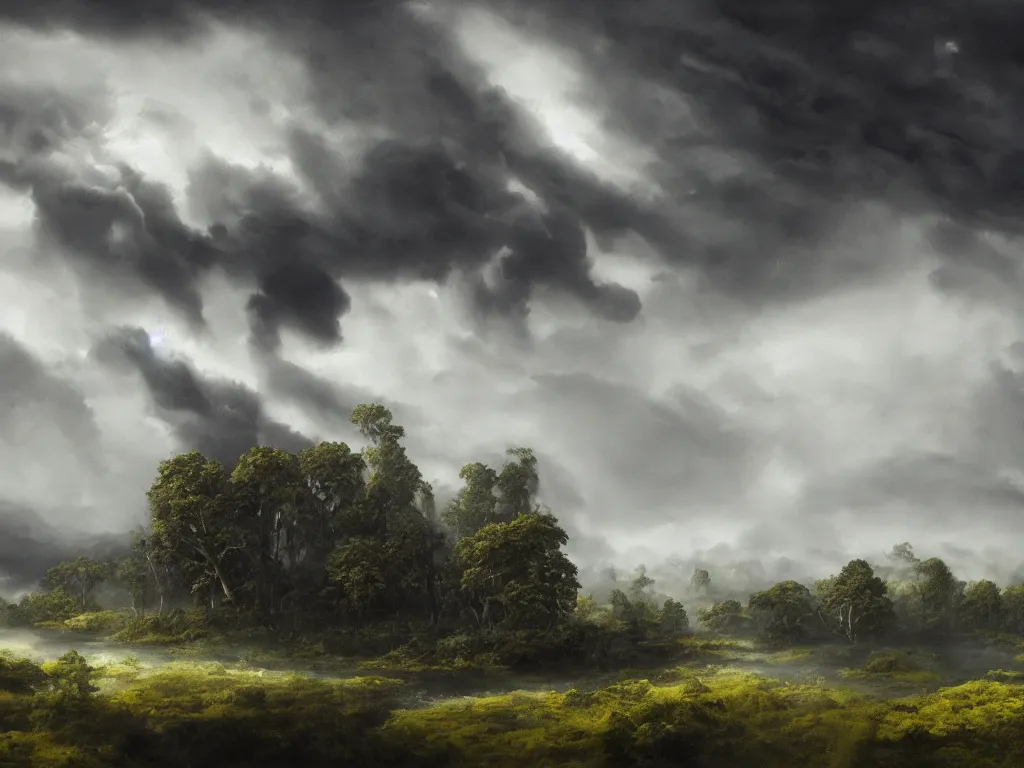 Prompt: detailed landscape, forests. very detailed dark super storm, hyper realistic clouds, impressive, magical, very atmospheric, smoke boiling, cinematic, deep, very high complexity, stunning, masterpiece, chiaroscuro, in the style of david holland and laura den hertog and michael creese, very detailed. 4 k