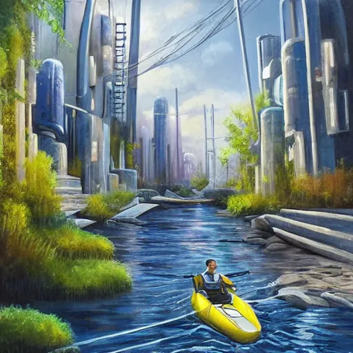 Image similar to Narrow cosy waterway in futuristic sci-fi city in harmony with nature, kayak. Nice colour scheme, soft warm colour. Beautiful detailed painting by Lurid. (2022)