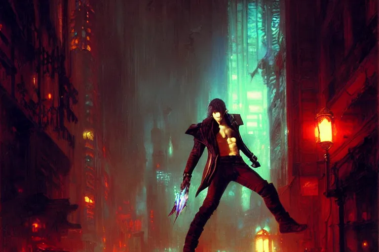 Image similar to winter, attractive male, devil may cry game neon light, cyberpunk, painting by gaston bussiere, craig mullins, j. c. leyendecker