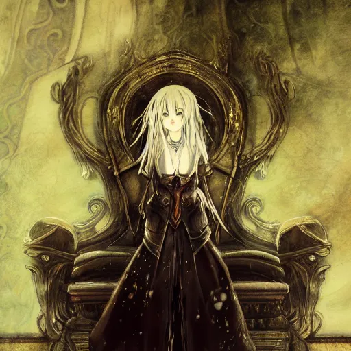 Image similar to yoshitaka amano style blurred and dreamy illustration, renaissance oil portrait, realistic anime girl with white hair and black eyes wearing elden ring style armor with engraving, highly detailed, ruined throne room in the background, strange camera angle, three - quarter view, noisy film grain effect