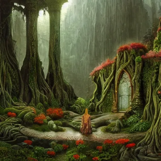 Prompt: a beautiful and highly detailed oil painting of an elven forest temple in the misty mountains, detailed plants and trees and flowers, intricate details, epic scale, insanely complex, 8 k, sharp focus, hyperrealism, fantasy landscape, psychedelic patterns, by caspar friedrich and james gurney,