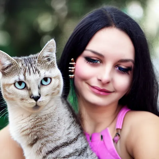 Prompt: fair skinned glowing woman with piercings and cat on lap