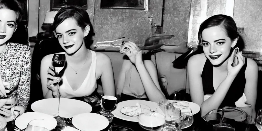 Image similar to b & w photo of emma stone and emma watson having dinner in the 1 9 5 0 s,