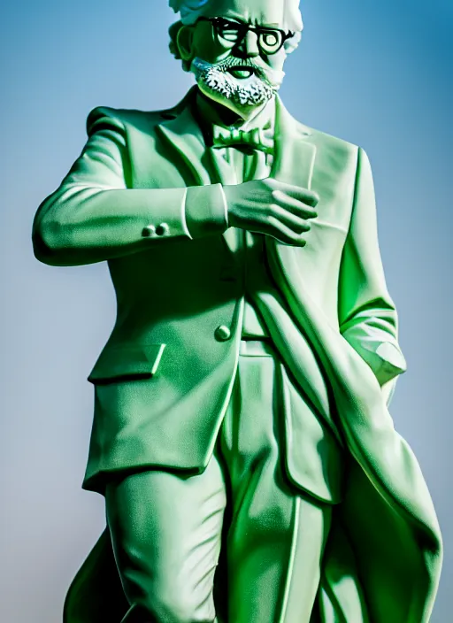 Image similar to colonel sanders as green marble statue by michaelangelo, high lights, 4 k, high detailed photography, 5 0 mm lens, depth of field, cinematic