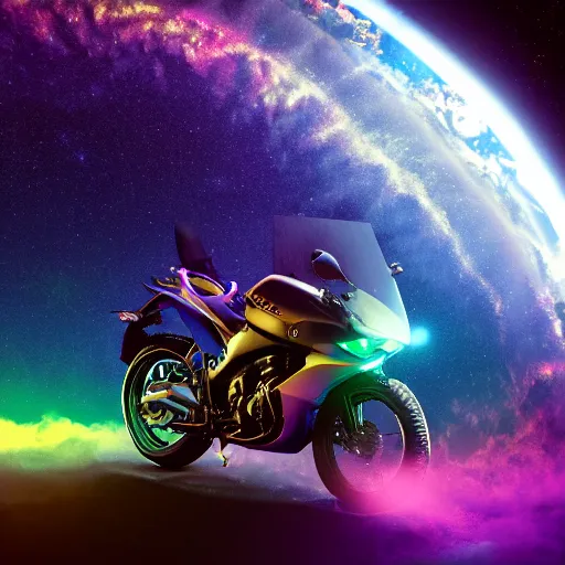 Image similar to high detail photo of a deserted iridescent color yamaha motorcycle floating in space inside magic colorful glowing sparkling fog, circular planet behind it, starry sky, tranquil, desolate, atmospheric, hazy, autochrome, 8k, reflections, octane render, unreal engine 5