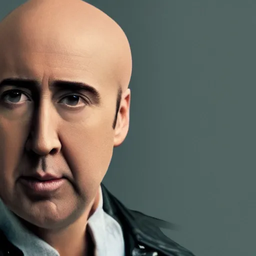 Prompt: portrait of bald nicolas cage neutral expression face straight on headshot even lighting no hair