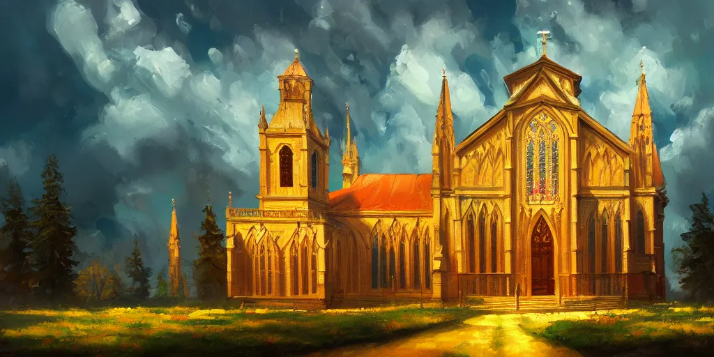Image similar to a resplendent church in heaven, bright, oil painting of nature, beautiful concept art, trending on artstation