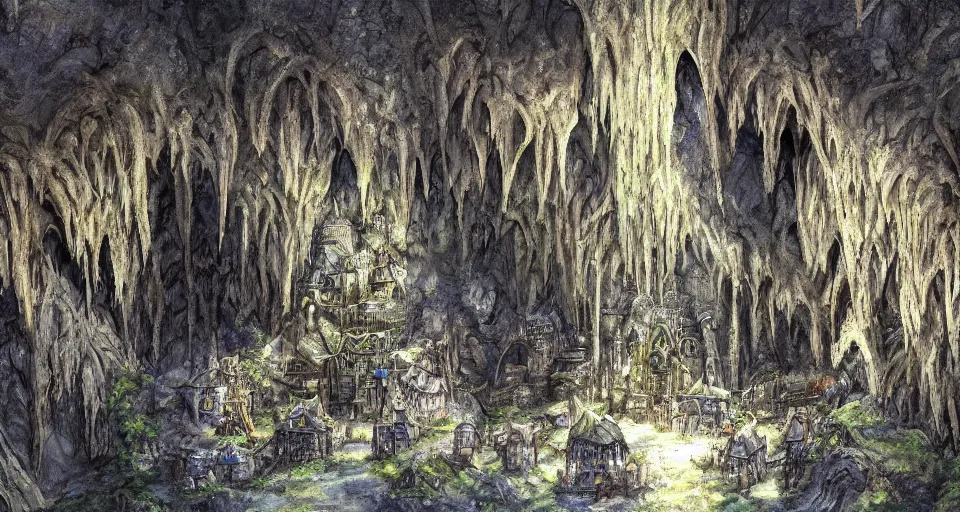 Image similar to Masterfully painted mspaint art piece of underground middle-earth's 'Mines of Moria' painted by Makoto Shinkai and Studio Ghibli. Closeup zoomed view of the architecture within the caverns. View from underground within ancient dwarven mining equipment and architecture. Amazing beautiful incredible wow awe-inspiring fantastic masterpiece gorgeous fascinating glorious great.