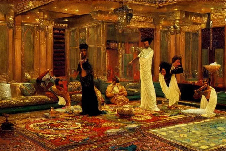 Image similar to The Persian Genie Destroys his Magic Lamp in an Opulent Turkish Salon, art by Paul Cadmus and Osman Hamdy Bey and Jean-Léon Gérôme