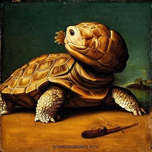 “a renaissance painting of a tortoise as a confused | Stable Diffusion