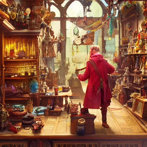 Image similar to A Anthropomorphized parrot trader in his shop, selling his wares, items, gold, carpet, window, D&D, fantasy, intricate, cinematic lighting, highly detailed, digital painting, artstation, concept art, smooth, sharp focus, illustration, art by Akihiko Yoshida, Greg Rutkowski and Alphonse Mucha