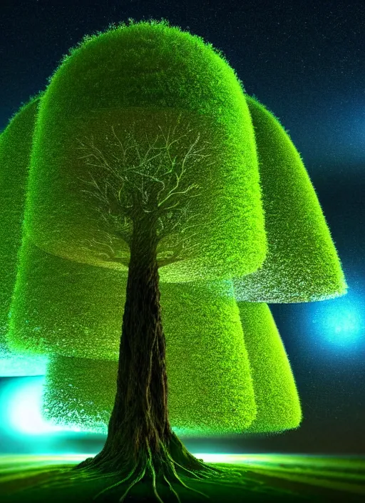 Image similar to high depth, collective civilization trees, calm, healing, resting, life, hybrids, scifi, soft glowing lights, published concept art, art in the style of all and none and everything and infinity, macro night long exposure