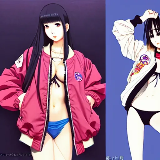 Image similar to a beautiful japanese lalisa alluring gravure model, wearing oversized designer bomber jacket and leotard, bulky poofy bomber jacket with mesoamerican patterns, mesoamerican native street fashion, gapmoe yandere grimdark, trending on pixiv fanbox, painted by greg rutkowski makoto shinkai takashi takeuchi studio ghibli, akihiko yoshida