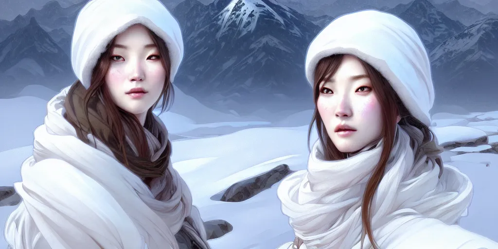 Image similar to beautiful digital painting of a hoyeon jung stylish female snow - covered mountains with high detail, real life skin, freckles, 8 k, stunning detail, works by artgerm, greg rutkowski and alphonse mucha, unreal engine 5, 4 k uhd